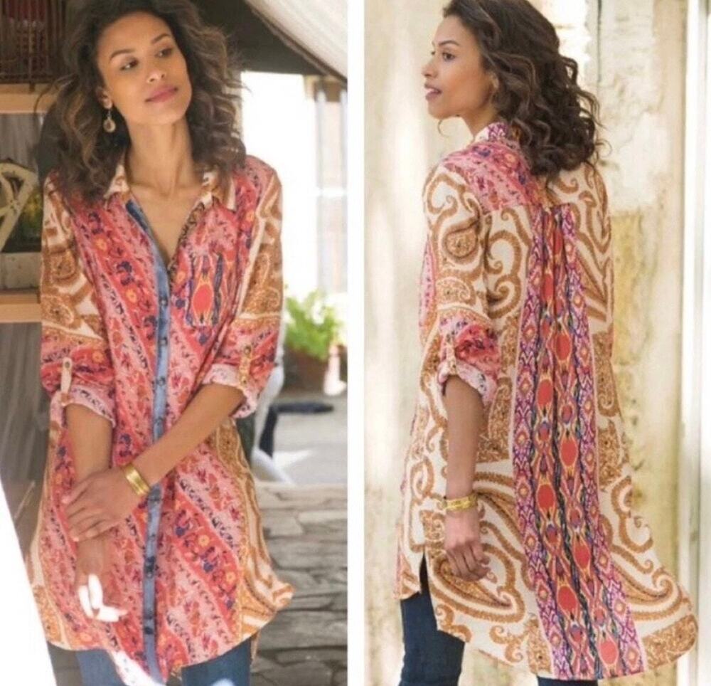 Soft Surroundings Brynn Tunic PXS Pink Paisley Velvet Trim Silk